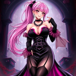 An exhilarating illustration of a sexy gothic anime villain dominatrix girl, showcasing a subtle smile adorned with a soft blush