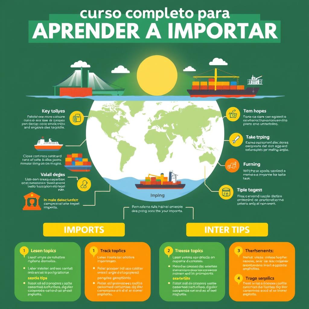 A colorful infographic design related to importing, featuring images of shipping containers, cargo ships, and trade routes