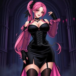 A captivating illustration of a sexy gothic anime villain dominatrix girl, highlighting a subtle smile with a hint of blush