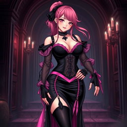 A captivating illustration of a sexy gothic anime villain dominatrix girl, highlighting a subtle smile with a hint of blush