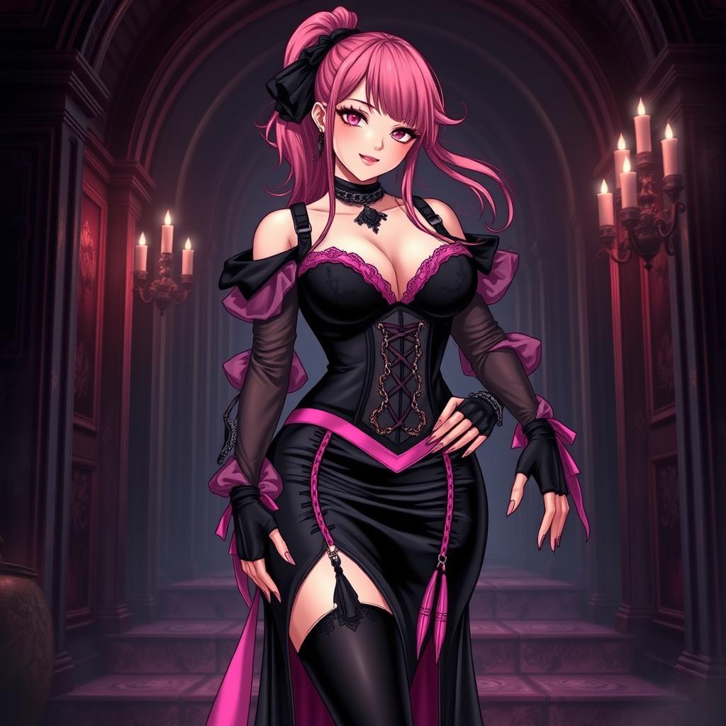 A captivating illustration of a sexy gothic anime villain dominatrix girl, highlighting a subtle smile with a hint of blush