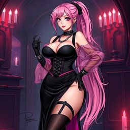 A captivating illustration of a sexy gothic anime villain dominatrix girl, highlighting a subtle smile with a hint of blush