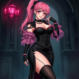 A captivating illustration of a sexy gothic anime villain dominatrix girl, highlighting a subtle smile with a hint of blush