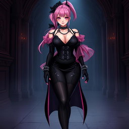 A striking image of a sexy gothic anime villain dominatrix girl, exuding confidence with a subtle smile and a hint of blush on her cheeks