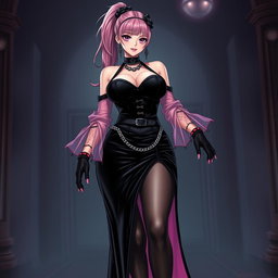 A striking image of a sexy gothic anime villain dominatrix girl, exuding confidence with a subtle smile and a hint of blush on her cheeks