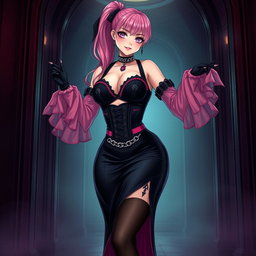 A striking image of a sexy gothic anime villain dominatrix girl, exuding confidence with a subtle smile and a hint of blush on her cheeks