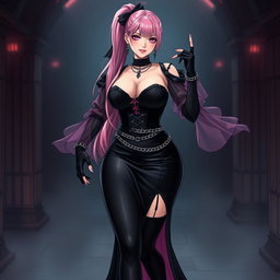 A striking image of a sexy gothic anime villain dominatrix girl, exuding confidence with a subtle smile and a hint of blush on her cheeks