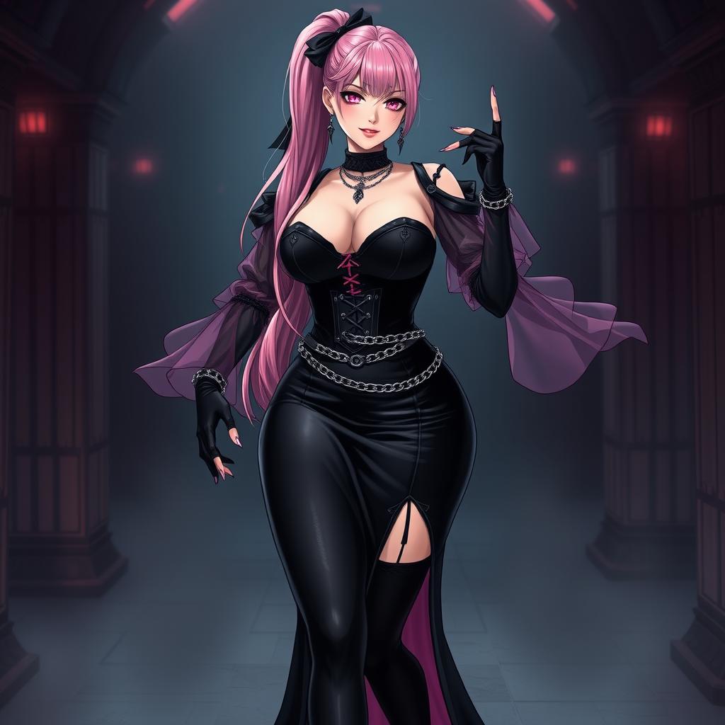 A striking image of a sexy gothic anime villain dominatrix girl, exuding confidence with a subtle smile and a hint of blush on her cheeks