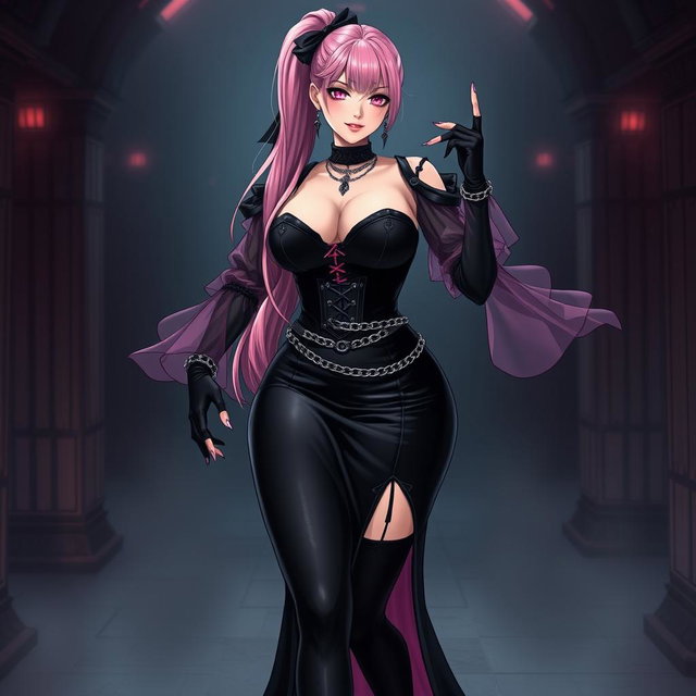 A striking image of a sexy gothic anime villain dominatrix girl, exuding confidence with a subtle smile and a hint of blush on her cheeks