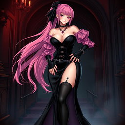 A stunning portrayal of a sexy gothic anime villain dominatrix girl, featuring a subtle smile complemented by a soft blush