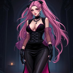 A stunning portrayal of a sexy gothic anime villain dominatrix girl, featuring a subtle smile complemented by a soft blush