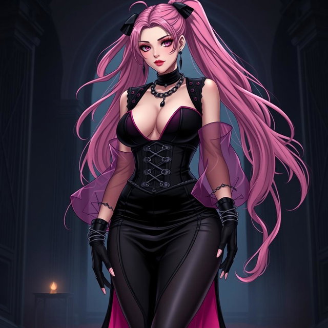 A stunning portrayal of a sexy gothic anime villain dominatrix girl, featuring a subtle smile complemented by a soft blush