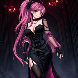 A stunning portrayal of a sexy gothic anime villain dominatrix girl, featuring a subtle smile complemented by a soft blush