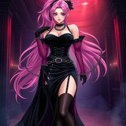 A stunning portrayal of a sexy gothic anime villain dominatrix girl, featuring a subtle smile complemented by a soft blush