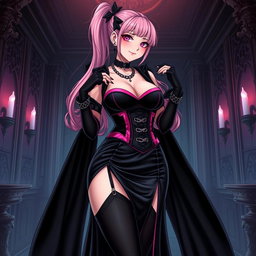 A mesmerizing depiction of a sexy gothic anime villain dominatrix girl, featuring a subtle smile highlighted by a gentle blush