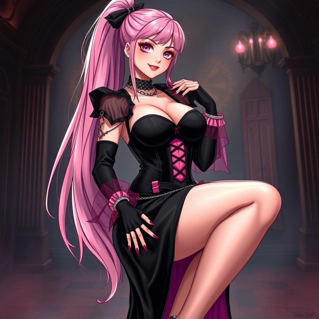 A mesmerizing depiction of a sexy gothic anime villain dominatrix girl, featuring a subtle smile highlighted by a gentle blush
