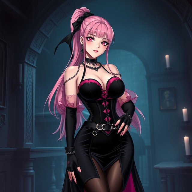 A mesmerizing depiction of a sexy gothic anime villain dominatrix girl, featuring a subtle smile highlighted by a gentle blush