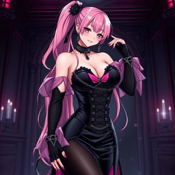 A mesmerizing depiction of a sexy gothic anime villain dominatrix girl, featuring a subtle smile highlighted by a gentle blush