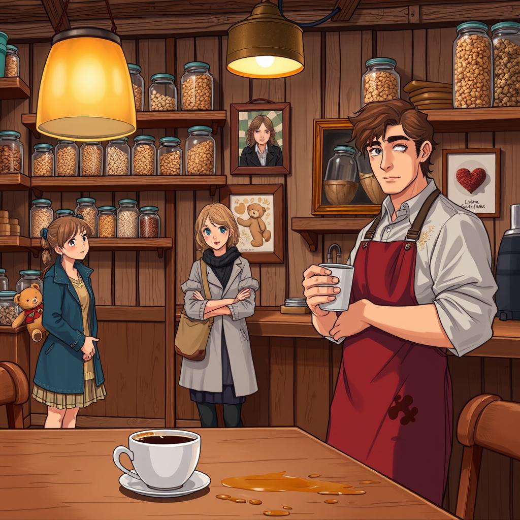 A cozy cafeteria scene featuring rustic wooden shelves filled with grains in glass jars, illuminated by hanging lamps