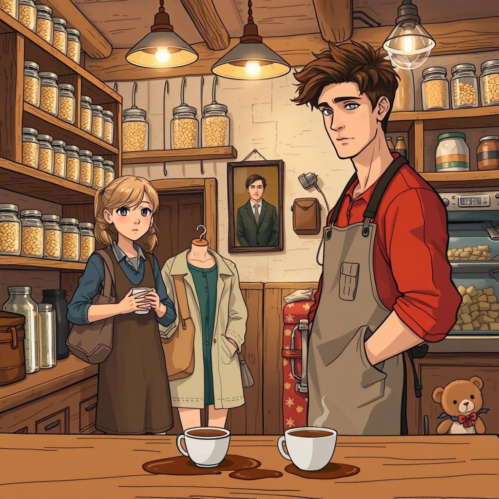 A cozy cafeteria scene featuring rustic wooden shelves filled with glass jars of grains