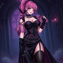 An alluring depiction of a sexy gothic anime villain dominatrix girl, characterized by a subtle smile lit with a delicate blush