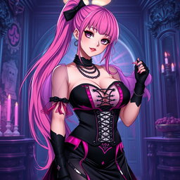 An alluring depiction of a sexy gothic anime villain dominatrix girl, characterized by a subtle smile lit with a delicate blush