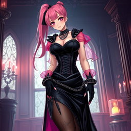 An alluring depiction of a sexy gothic anime villain dominatrix girl, characterized by a subtle smile lit with a delicate blush