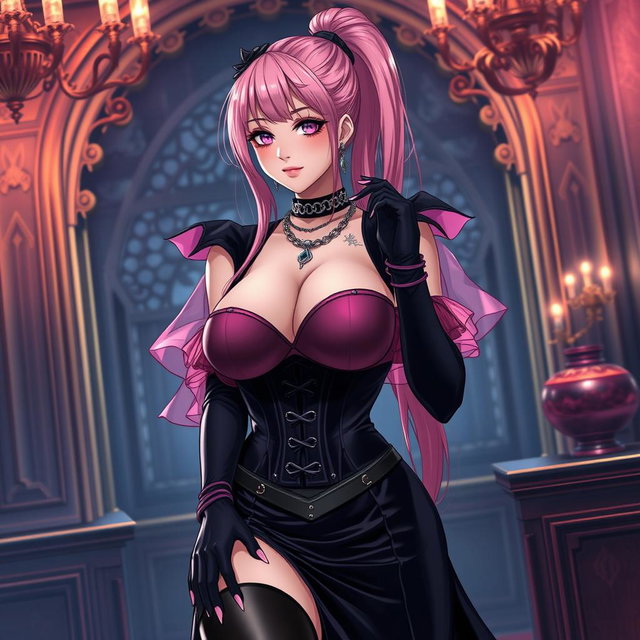An alluring depiction of a sexy gothic anime villain dominatrix girl, characterized by a subtle smile lit with a delicate blush