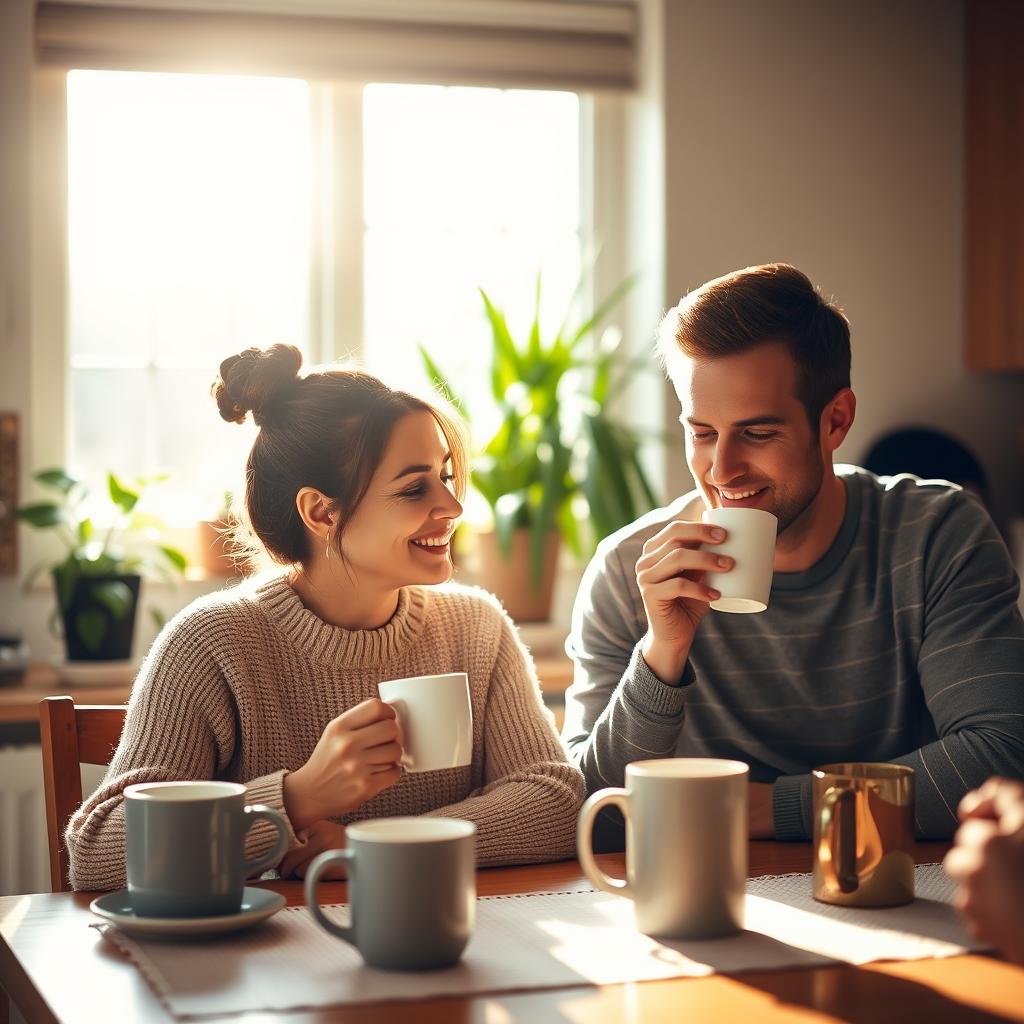 A cozy scene in a sunlit kitchen featuring a mother enjoying her morning coffee while sitting at the table