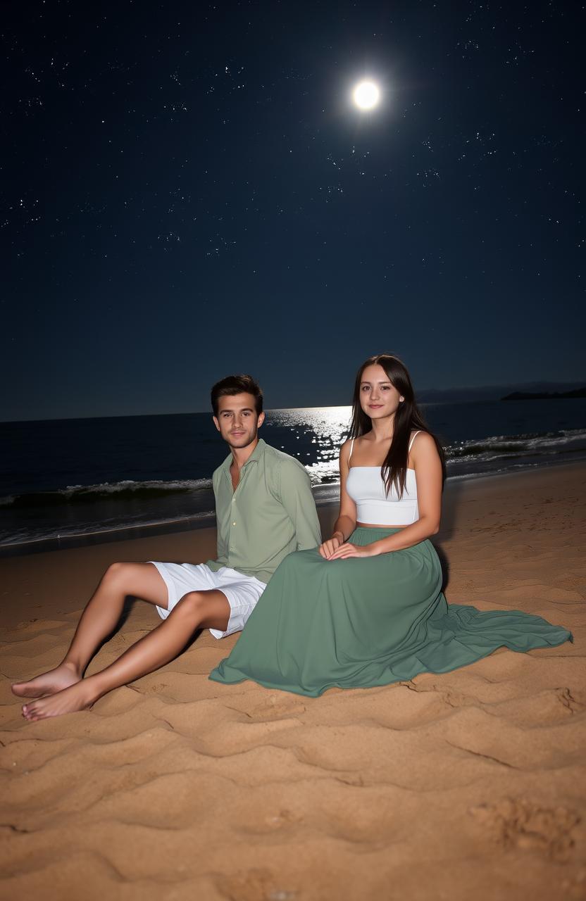 A serene beach scene at night, with two friends sitting side by side on the warm sand