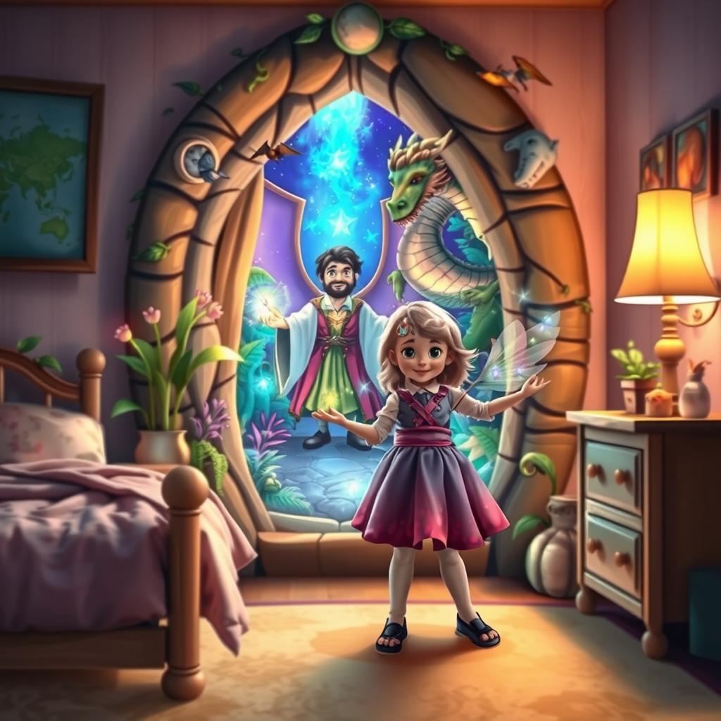 A magical portal in a cozy child's bedroom, featuring a little girl with dwarfism, showcasing her magical powers