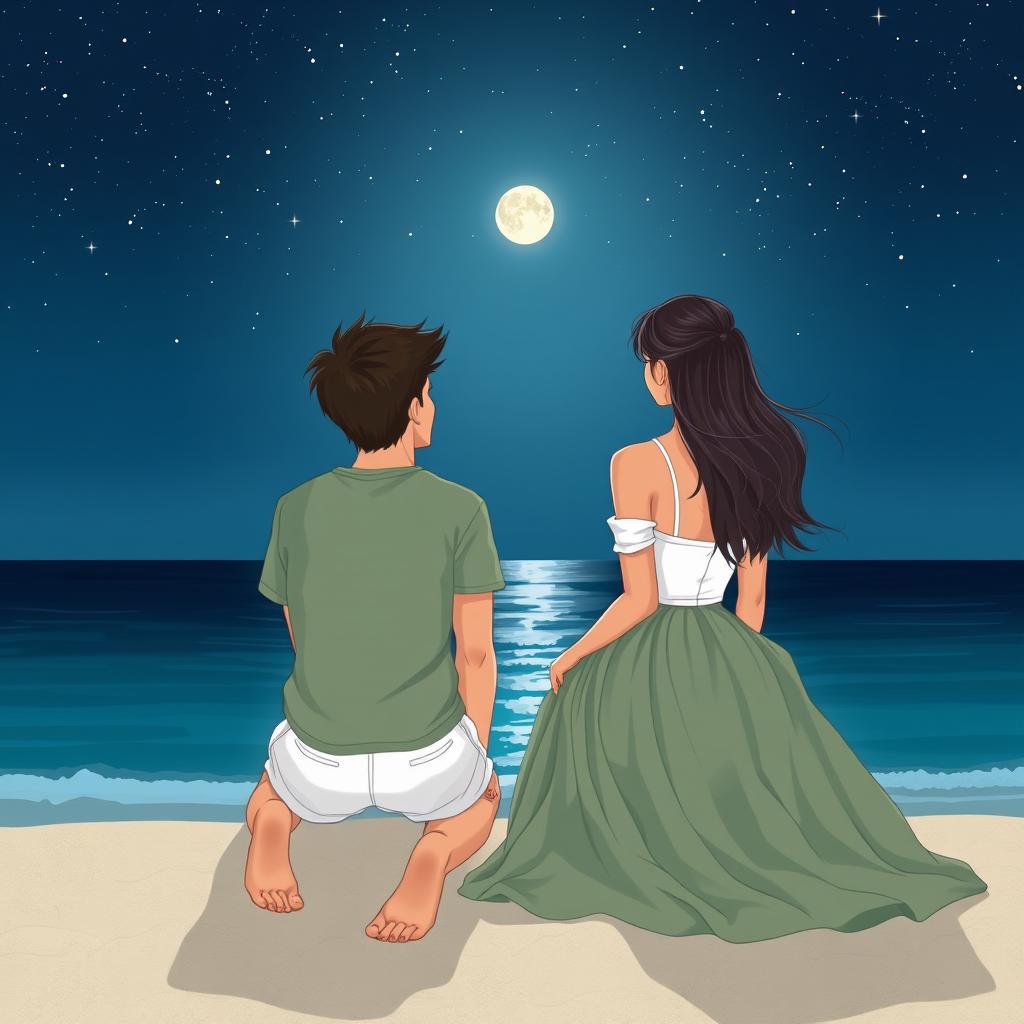 A serene beach scene at night, portraying two friends sitting side by side at the beachfront, facing the tranquil sea
