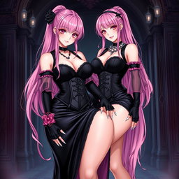 An alluring representation of a sexy gothic anime villain dominatrix girl, featuring a subtle smile brightened by a gentle blush