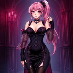 An alluring representation of a sexy gothic anime villain dominatrix girl, featuring a subtle smile brightened by a gentle blush