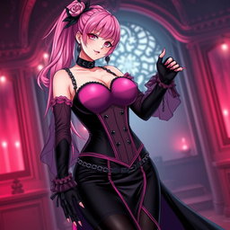 An alluring representation of a sexy gothic anime villain dominatrix girl, featuring a subtle smile brightened by a gentle blush