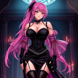 An alluring representation of a sexy gothic anime villain dominatrix girl, featuring a subtle smile brightened by a gentle blush