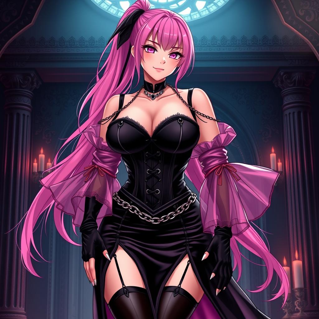 An alluring representation of a sexy gothic anime villain dominatrix girl, featuring a subtle smile brightened by a gentle blush