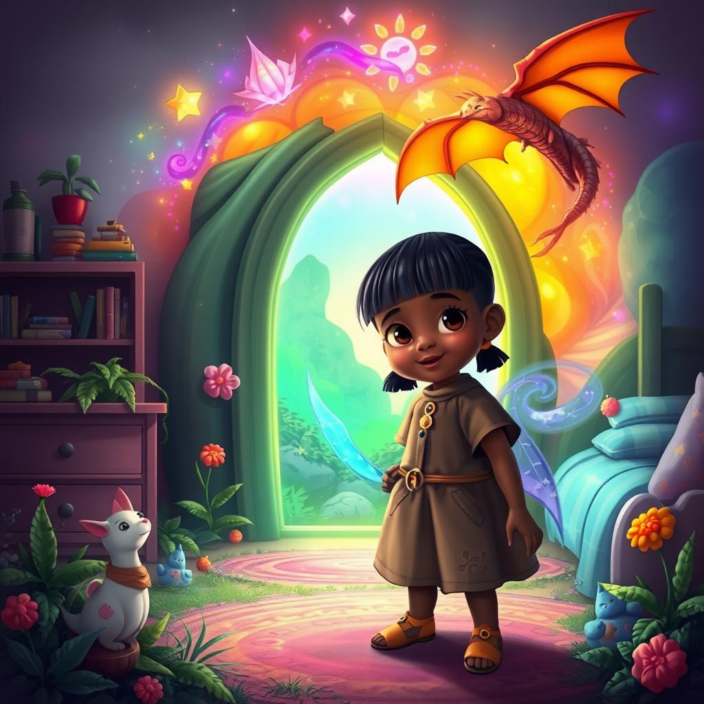 A magical portal in a child's bedroom, glowing with vibrant colors