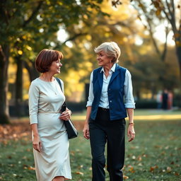A tall woman with short brown pixie hair and bangs, wearing a professional cream colored dress, is walking in a park in mid-September, talking with a middle-aged woman who resembles Princess Diana from 1997