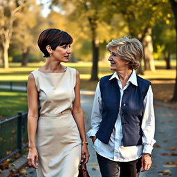 A tall woman with short brown pixie hair and bangs, wearing a professional cream colored dress, is walking in a park in mid-September, talking with a middle-aged woman who resembles Princess Diana from 1997