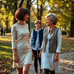 A tall woman with short brown pixie hair and bangs, wearing a professional cream colored dress, is walking in a park in mid-September, talking with a middle-aged woman who resembles Princess Diana from 1997