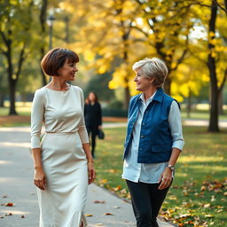 A tall woman with short brown pixie hair and bangs, wearing a professional cream colored dress, is walking in a park in mid-September, talking with a middle-aged woman who resembles Princess Diana from 1997