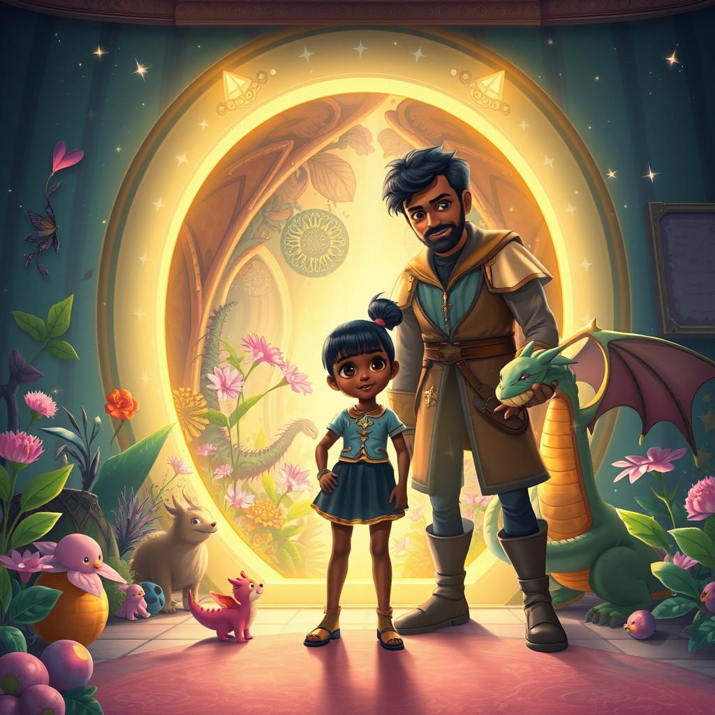 In a magical room, a portal glows brightly, revealing a stunning fantasy world filled with vibrant plants and fantastical animals
