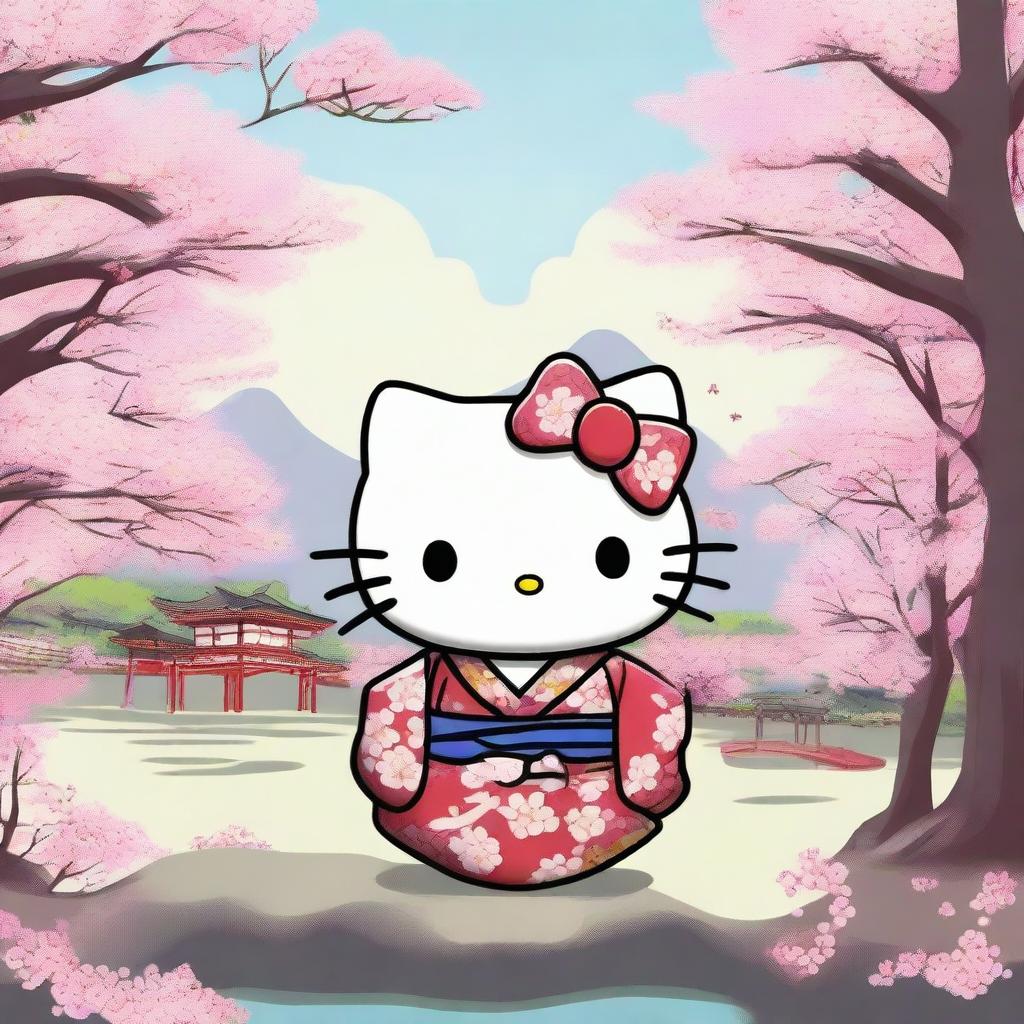 A high-quality digital art image showcases Hello Kitty in a vibrant kimono, standing by Badtz Maru, who dons an Asian style men's shirt adorned with cherry blossoms