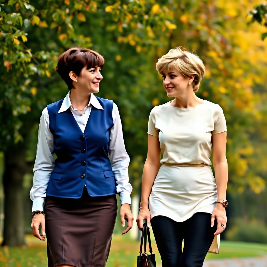 A tall young woman with short brown pixie cut and bangs, wearing a professional cream-colored dress, is engaging in conversation with a middle-aged woman resembling Princess Diana, who has her famous 1997 hairstyle