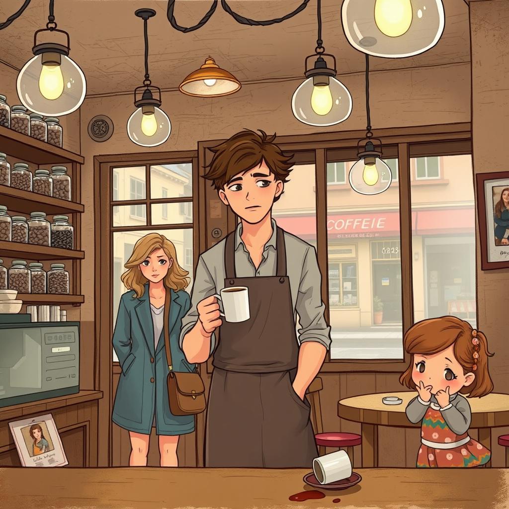 A cozy cafeteria interior featuring hanging lamps, rustic wooden shelves filled with glass jars of coffee beans, and a large window overlooking a charming street