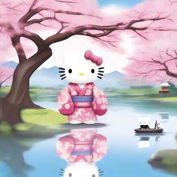 A high-quality digital art image showcases Hello Kitty in a vibrant kimono, standing by Badtz Maru, who dons an Asian style men's shirt adorned with cherry blossoms