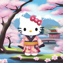 A high-quality digital art image showcases Hello Kitty in a vibrant kimono, standing by Badtz Maru, who dons an Asian style men's shirt adorned with cherry blossoms