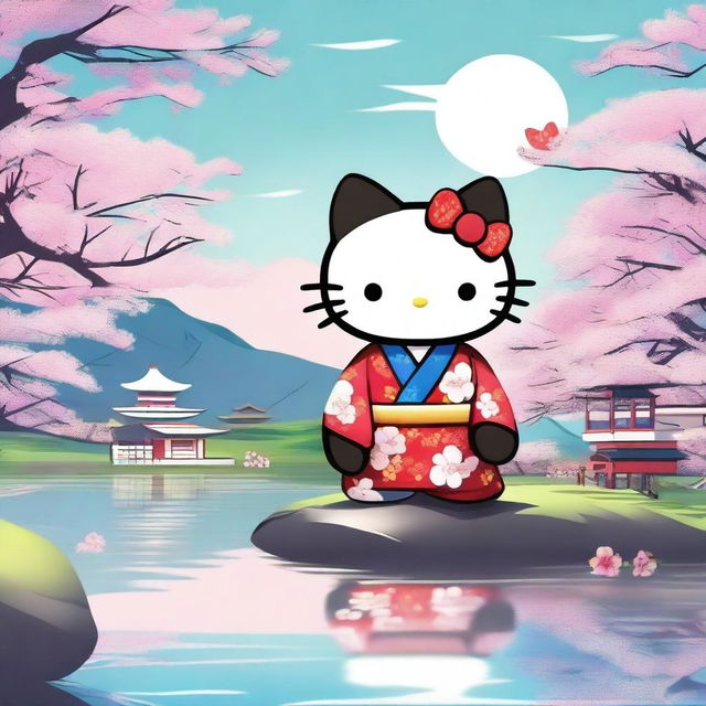 A high-quality digital art image showcases Hello Kitty in a vibrant kimono, standing by Badtz Maru, who dons an Asian style men's shirt adorned with cherry blossoms