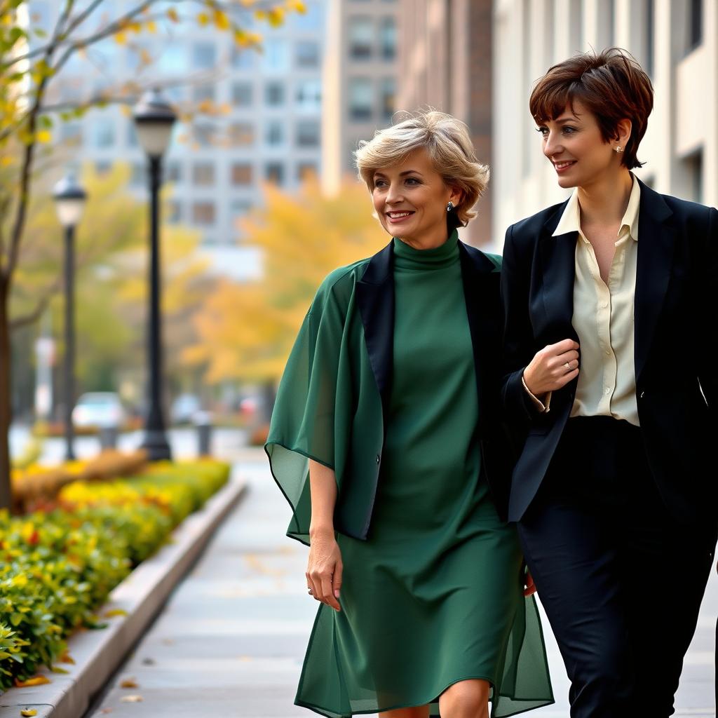 A tall woman with brown short pixie hair and bangs, dressed in a black blazer, cream shirt, and black pants, walking alongside a middle-aged woman resembling Princess Diana from 1997, featuring Diana's iconic hairstyle